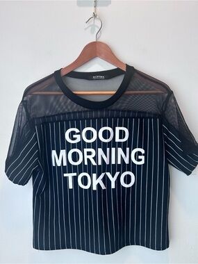 ROMWE Black Pinstripe Mesh Graphic Tee